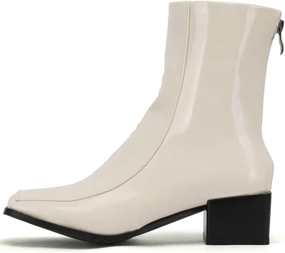Meefit Women Low Heel Patent Leather Gogo Boots Square Toe Chunky Heel Ankle Boots
