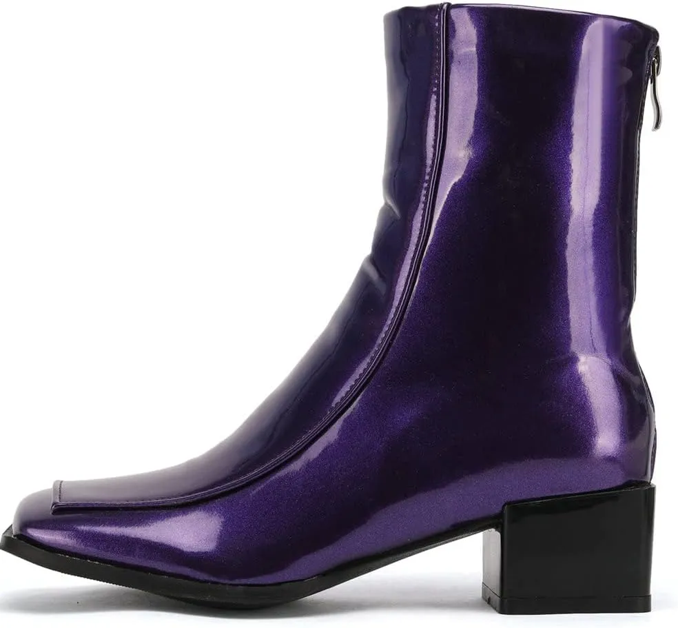Meefit Women Low Heel Patent Leather Gogo Boots Square Toe Chunky Heel Ankle Boots