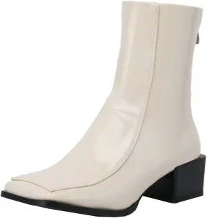Meefit Women Low Heel Patent Leather Gogo Boots Square Toe Chunky Heel Ankle Boots