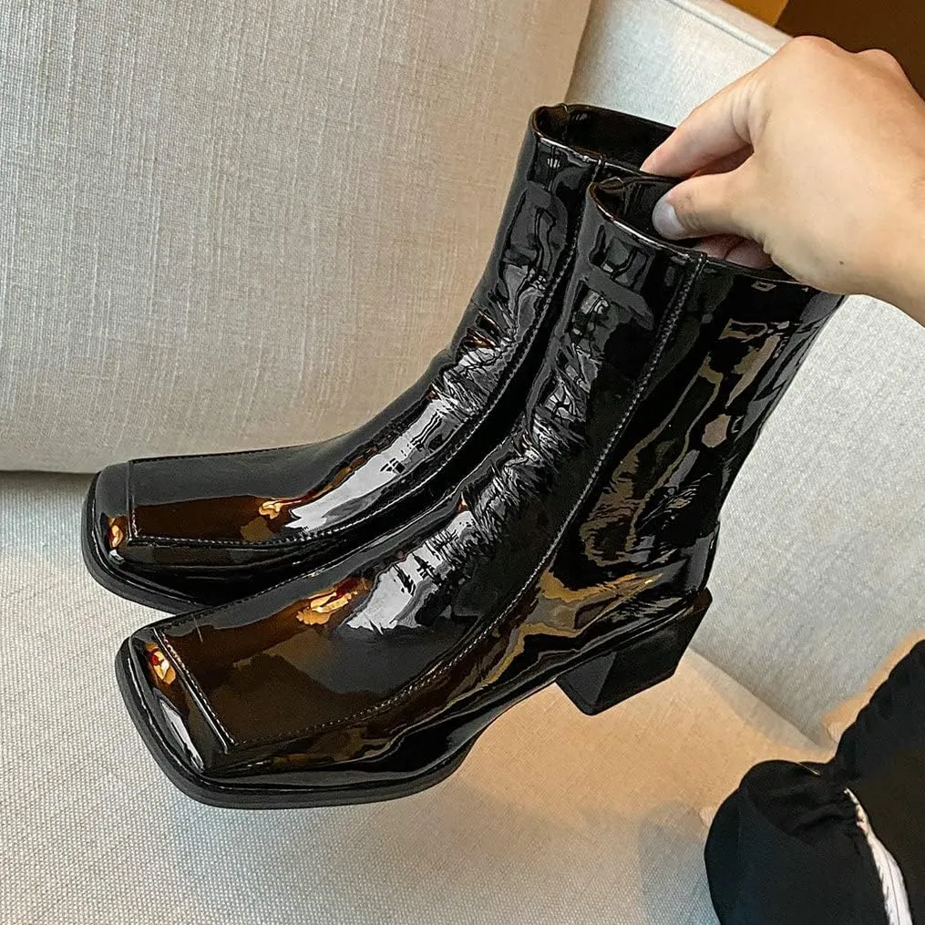 Meefit Women Low Heel Patent Leather Gogo Boots Square Toe Chunky Heel Ankle Boots