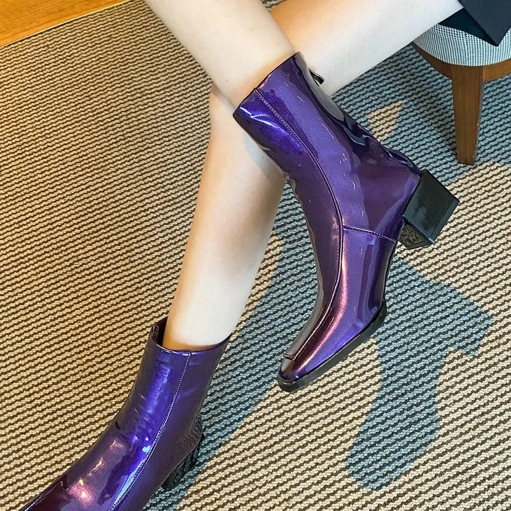 Meefit Women Low Heel Patent Leather Gogo Boots Square Toe Chunky Heel Ankle Boots