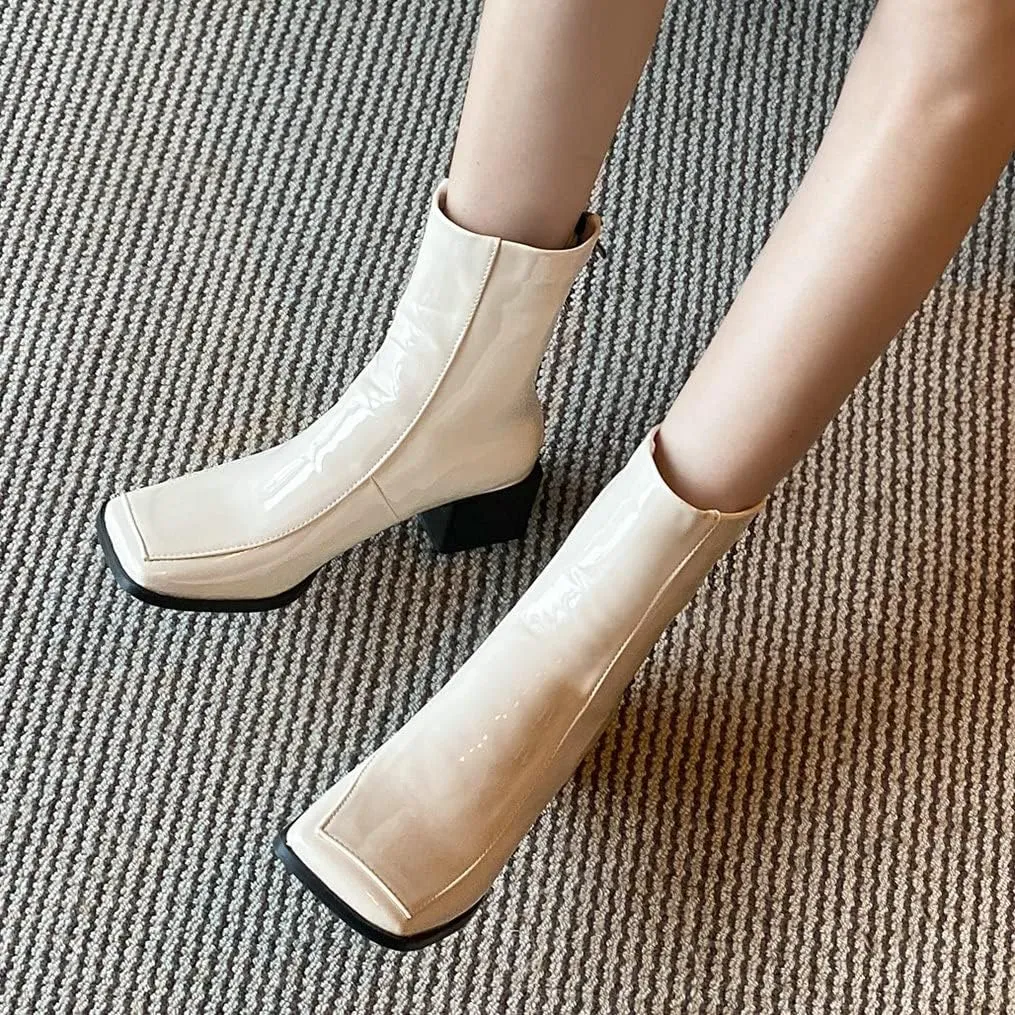 Meefit Women Low Heel Patent Leather Gogo Boots Square Toe Chunky Heel Ankle Boots