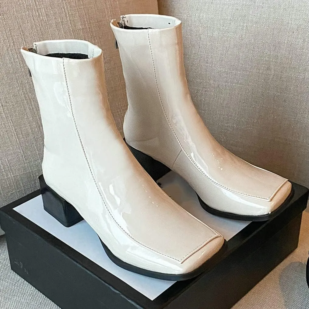 Meefit Women Low Heel Patent Leather Gogo Boots Square Toe Chunky Heel Ankle Boots