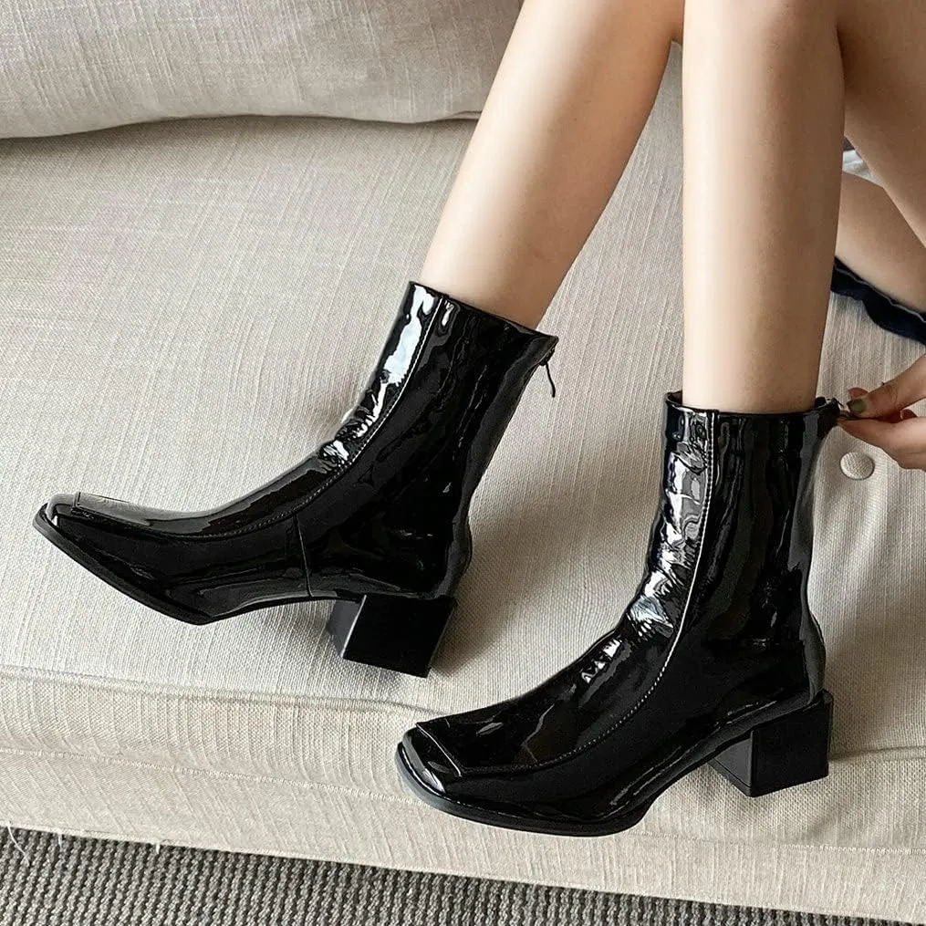 Meefit Women Low Heel Patent Leather Gogo Boots Square Toe Chunky Heel Ankle Boots
