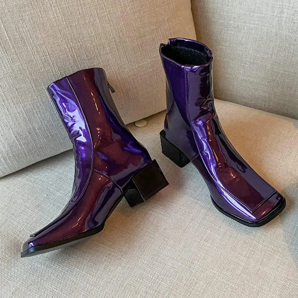 Meefit Women Low Heel Patent Leather Gogo Boots Square Toe Chunky Heel Ankle Boots