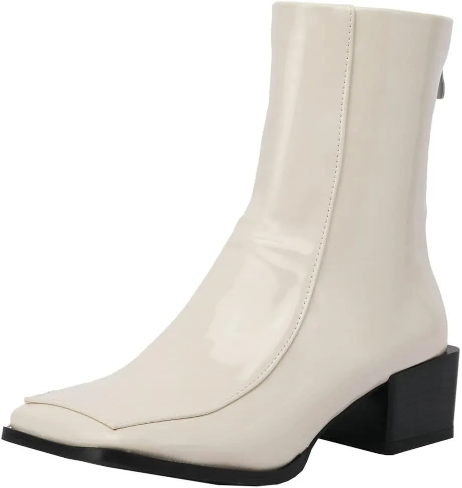 Meefit Women Low Heel Patent Leather Gogo Boots Square Toe Chunky Heel Ankle Boots