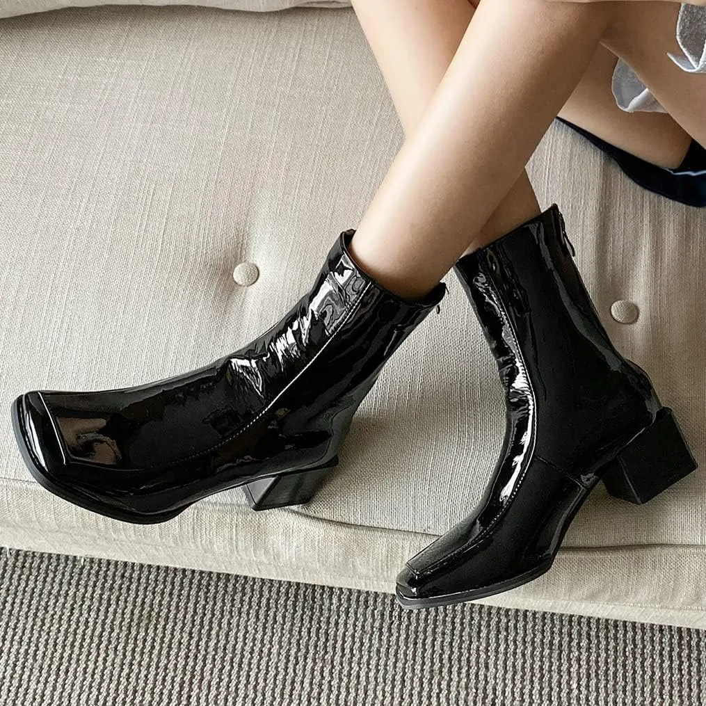 Meefit Women Low Heel Patent Leather Gogo Boots Square Toe Chunky Heel Ankle Boots