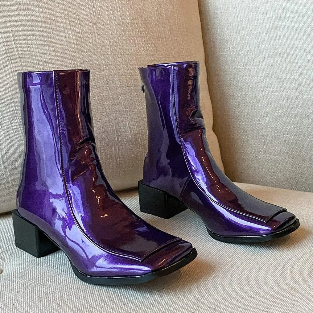 Meefit Women Low Heel Patent Leather Gogo Boots Square Toe Chunky Heel Ankle Boots