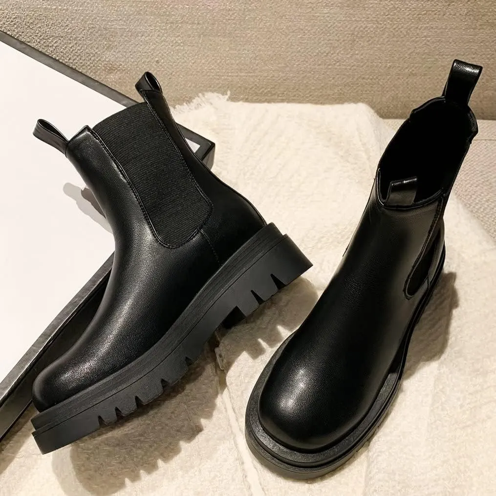 Meefit Women Mid Chunky Heel Chelsea Boots Platform Elastic Ankle Boots Pull On Booties
