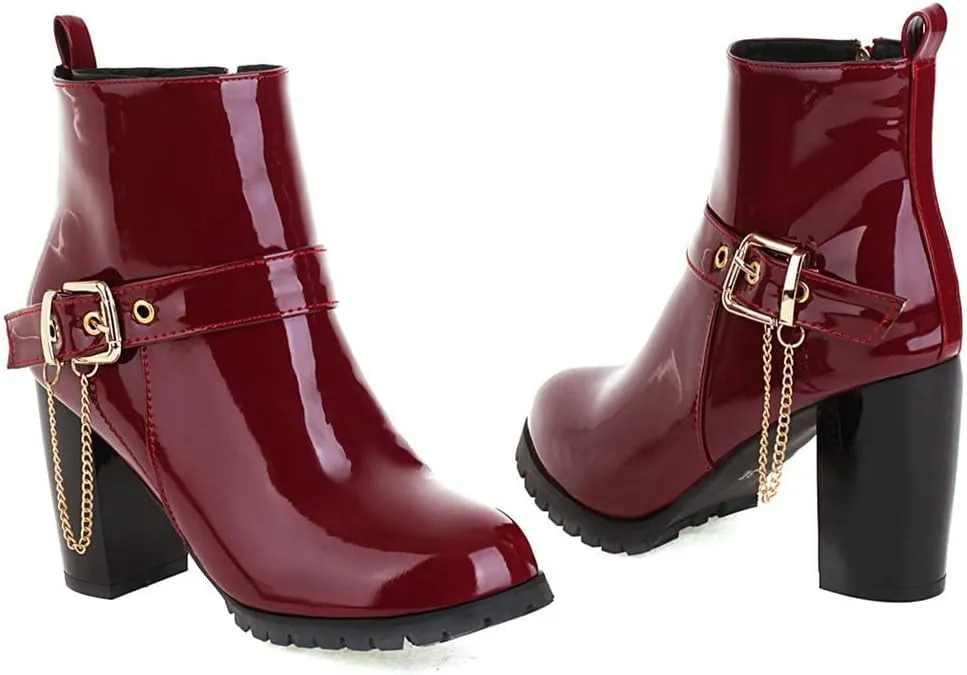 Meefit Women Patent Chunky High Heeled Ankle Boots Round Toe Booties With Zipper