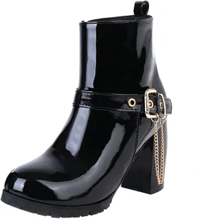 Meefit Women Patent Chunky High Heeled Ankle Boots Round Toe Booties With Zipper
