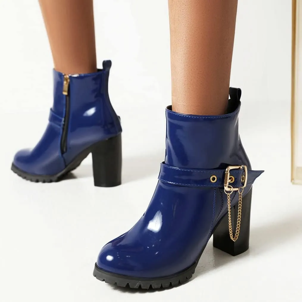 Meefit Women Patent Chunky High Heeled Ankle Boots Round Toe Booties With Zipper