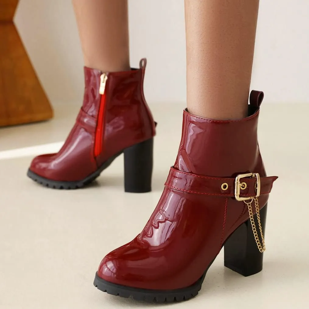 Meefit Women Patent Chunky High Heeled Ankle Boots Round Toe Booties With Zipper