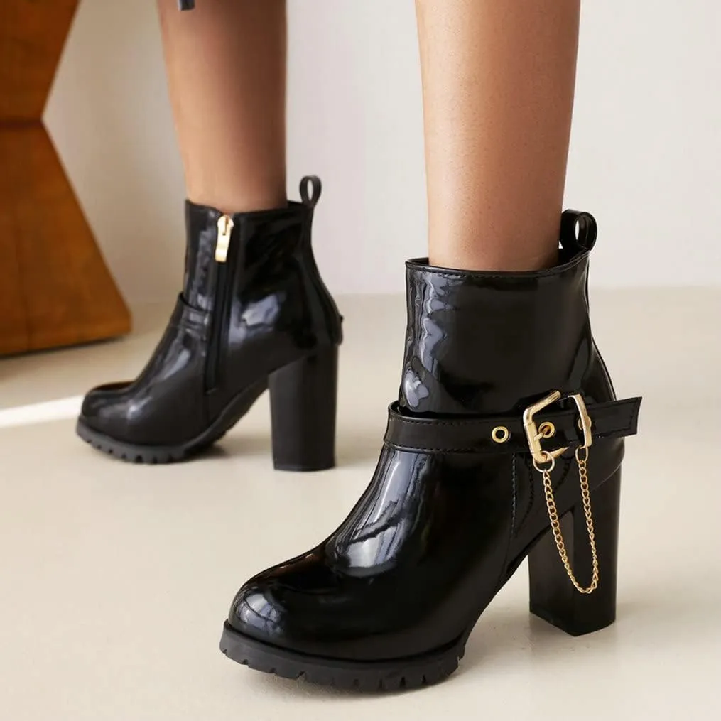 Meefit Women Patent Chunky High Heeled Ankle Boots Round Toe Booties With Zipper