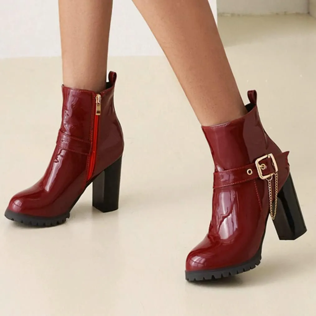 Meefit Women Patent Chunky High Heeled Ankle Boots Round Toe Booties With Zipper
