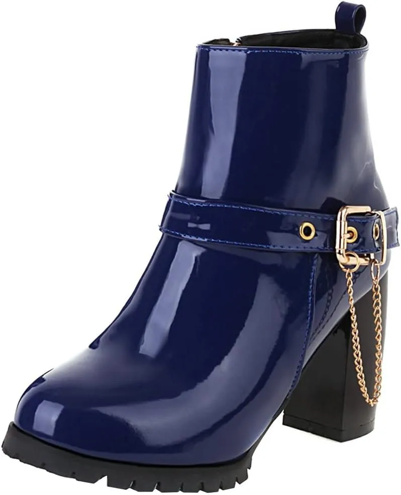 Meefit Women Patent Chunky High Heeled Ankle Boots Round Toe Booties With Zipper
