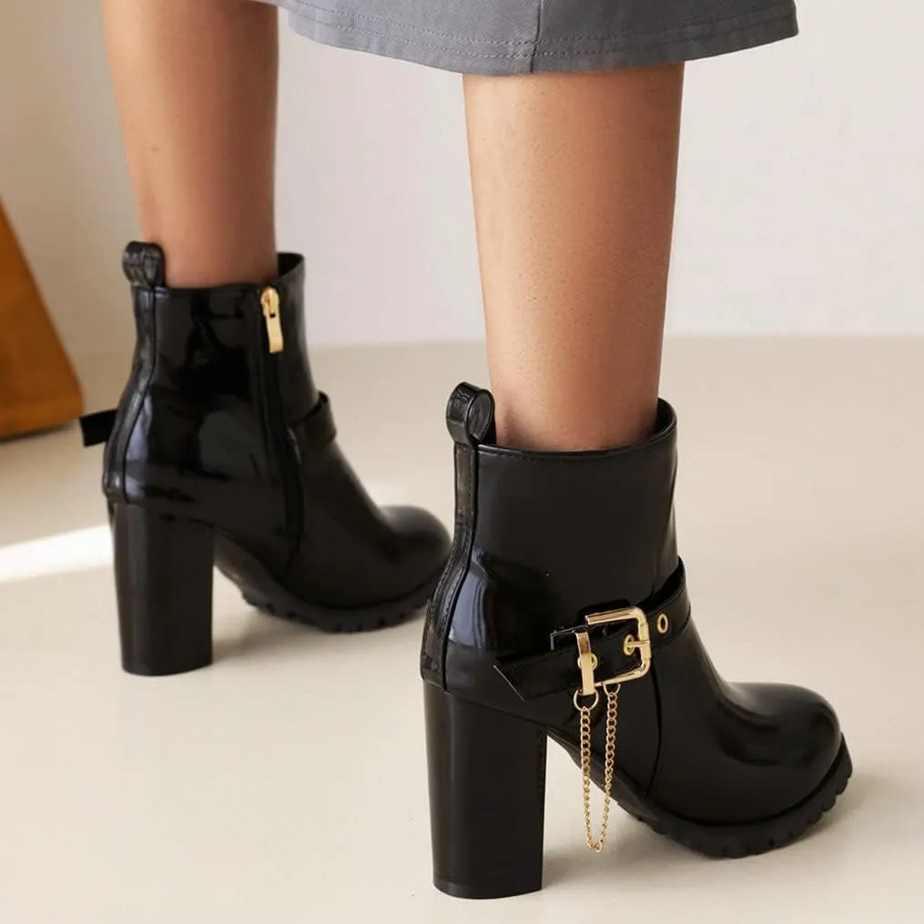 Meefit Women Patent Chunky High Heeled Ankle Boots Round Toe Booties With Zipper
