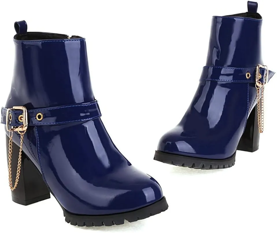 Meefit Women Patent Chunky High Heeled Ankle Boots Round Toe Booties With Zipper