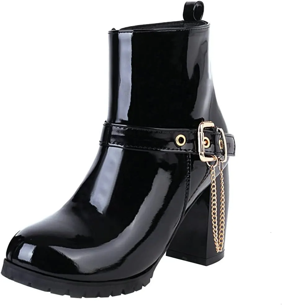 Meefit Women Patent Chunky High Heeled Ankle Boots Round Toe Booties With Zipper