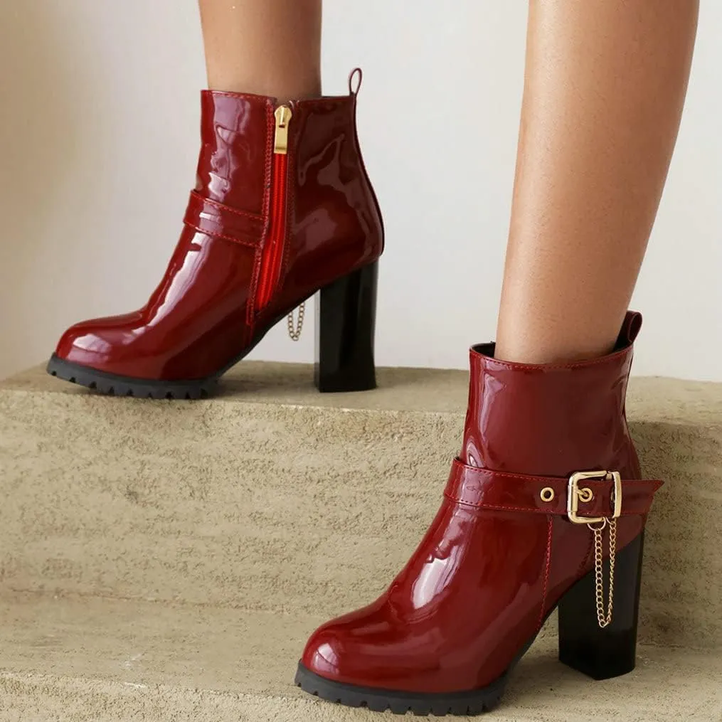 Meefit Women Patent Chunky High Heeled Ankle Boots Round Toe Booties With Zipper