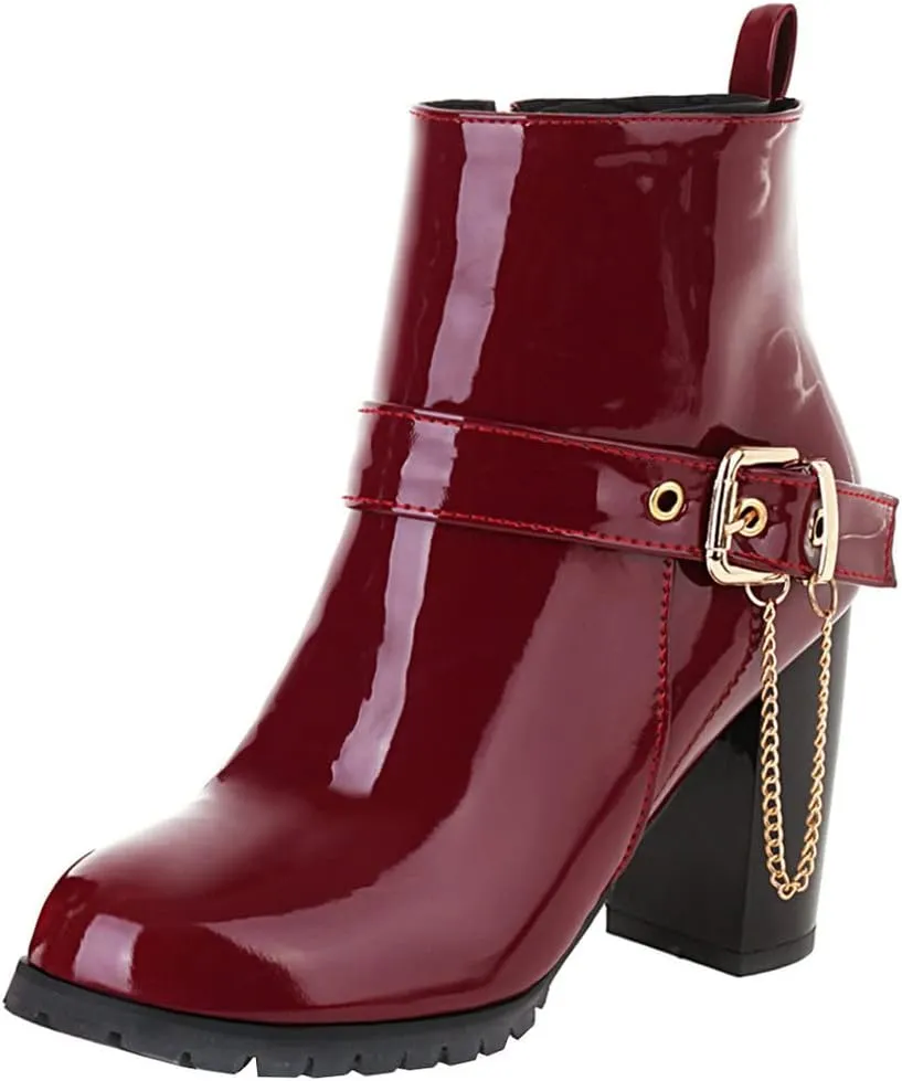 Meefit Women Patent Chunky High Heeled Ankle Boots Round Toe Booties With Zipper