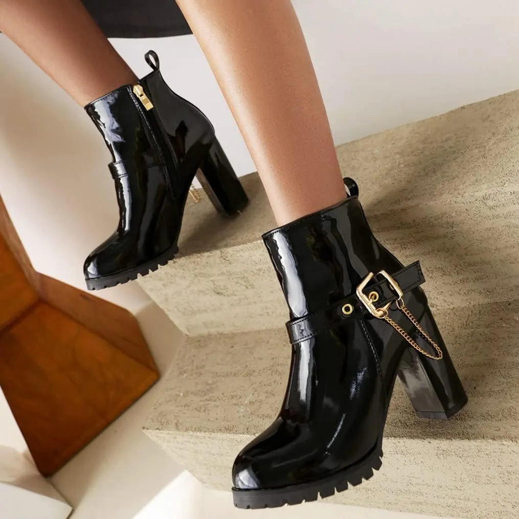 Meefit Women Patent Chunky High Heeled Ankle Boots Round Toe Booties With Zipper