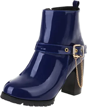 Meefit Women Patent Chunky High Heeled Ankle Boots Round Toe Booties With Zipper