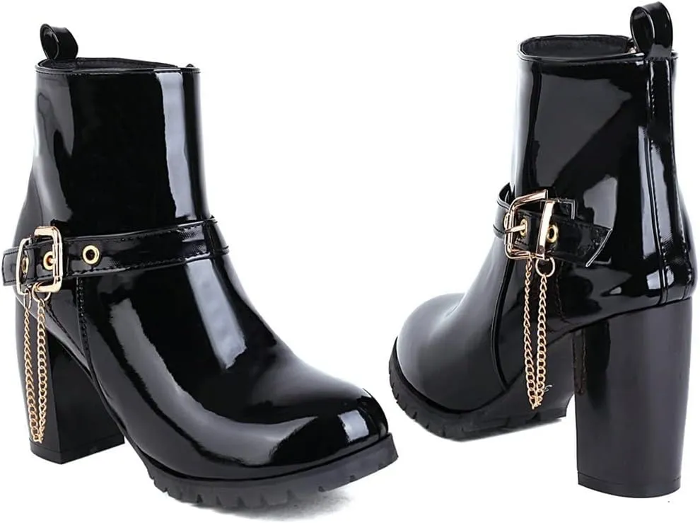 Meefit Women Patent Chunky High Heeled Ankle Boots Round Toe Booties With Zipper