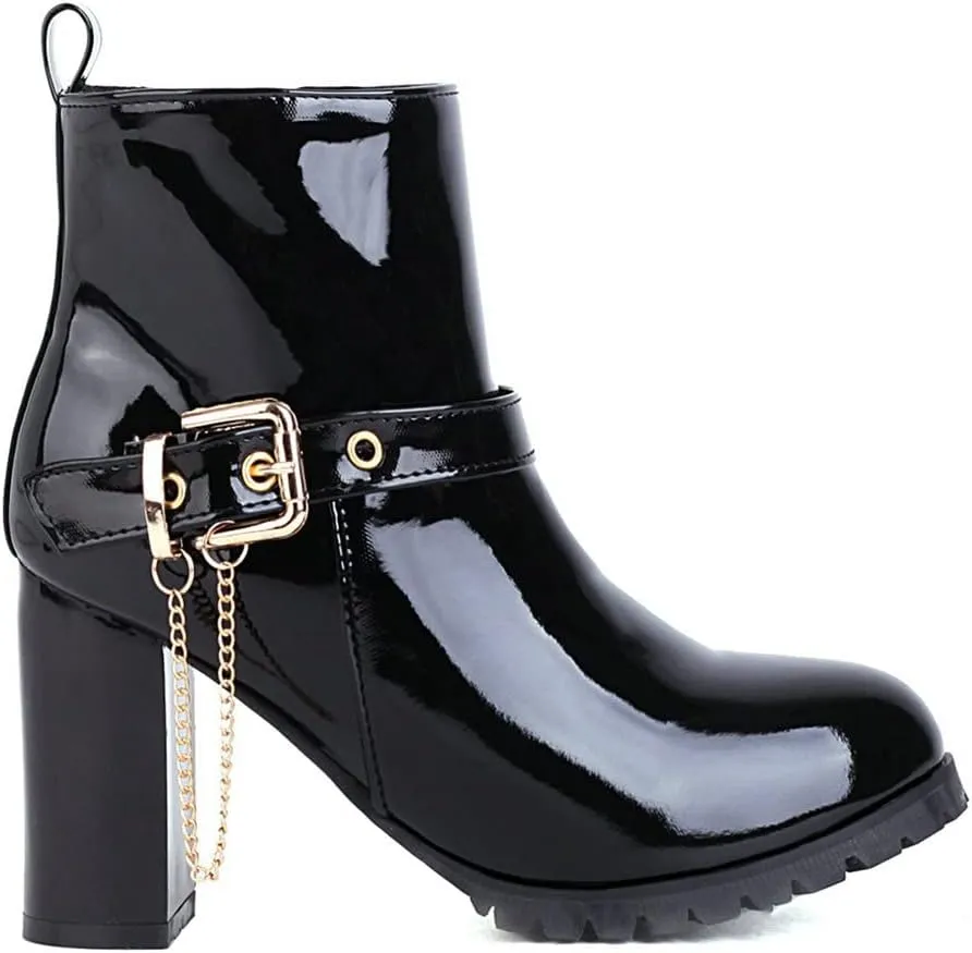 Meefit Women Patent Chunky High Heeled Ankle Boots Round Toe Booties With Zipper