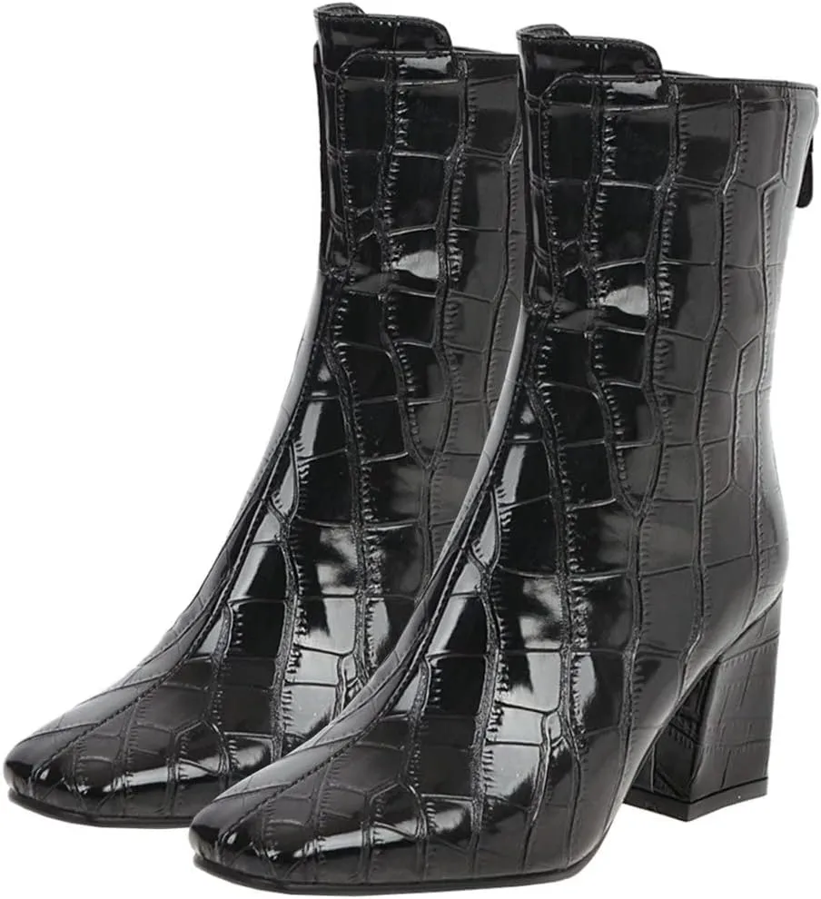 Meefit Women Patent GOGO Boots Chunky High Heeled Ankle Boots Square Toe Winter Booties
