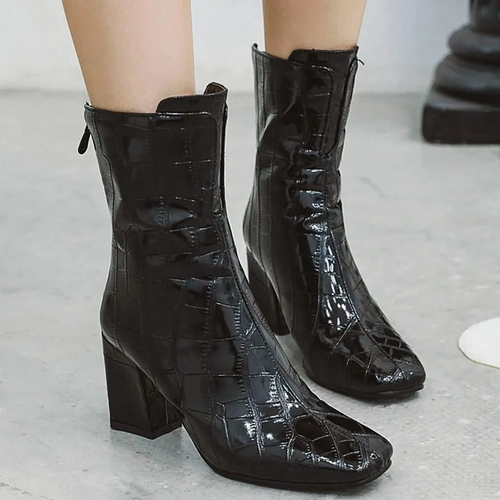 Meefit Women Patent GOGO Boots Chunky High Heeled Ankle Boots Square Toe Winter Booties