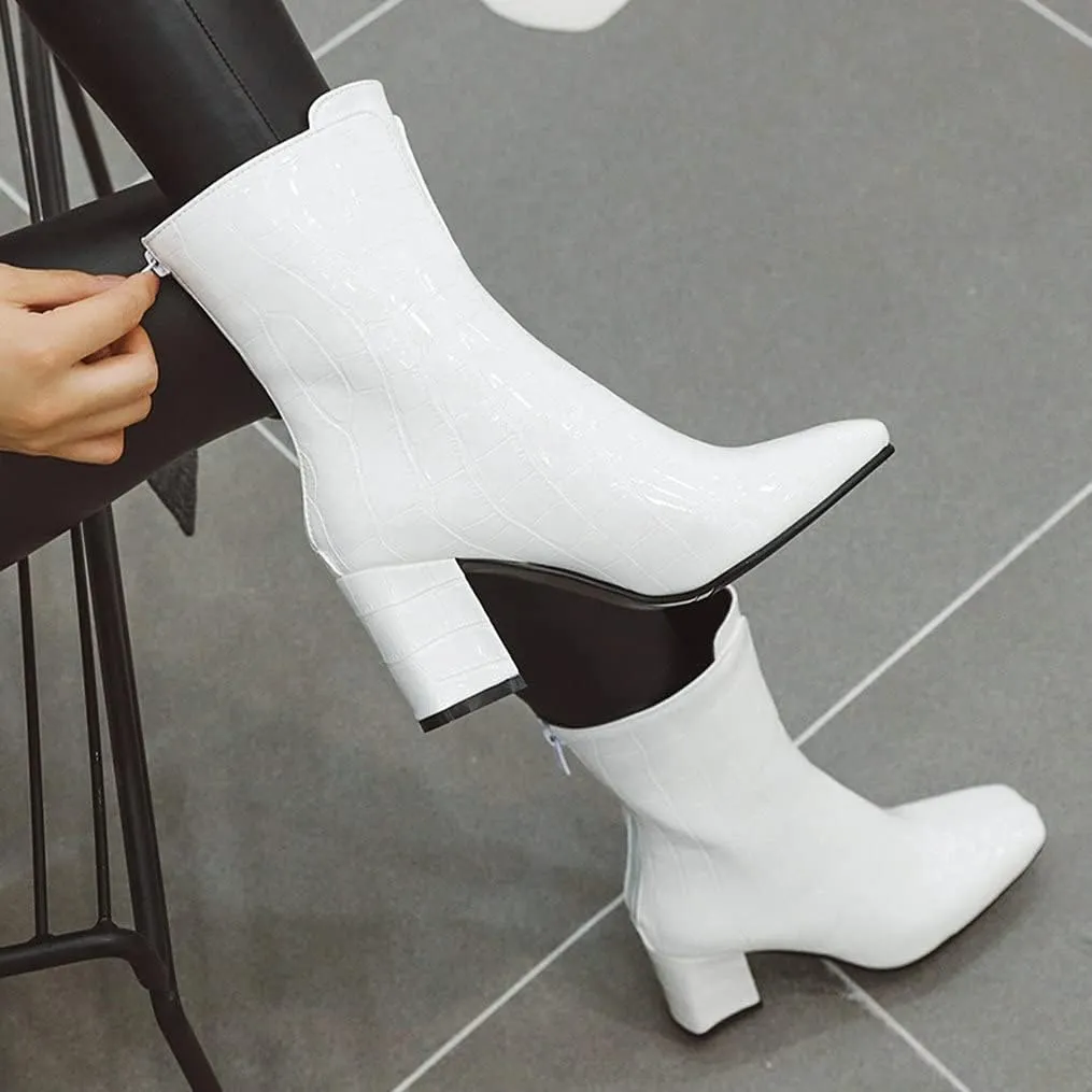 Meefit Women Patent GOGO Boots Chunky High Heeled Ankle Boots Square Toe Winter Booties