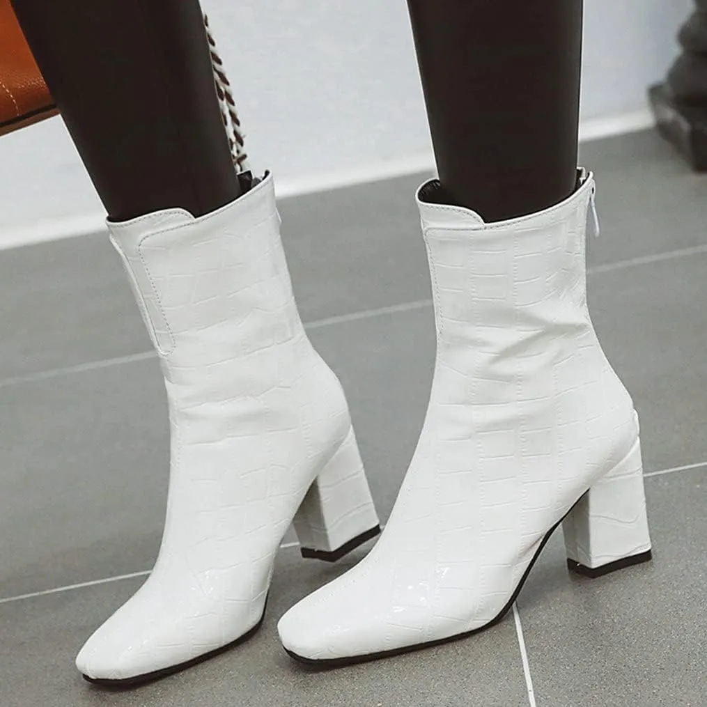 Meefit Women Patent GOGO Boots Chunky High Heeled Ankle Boots Square Toe Winter Booties