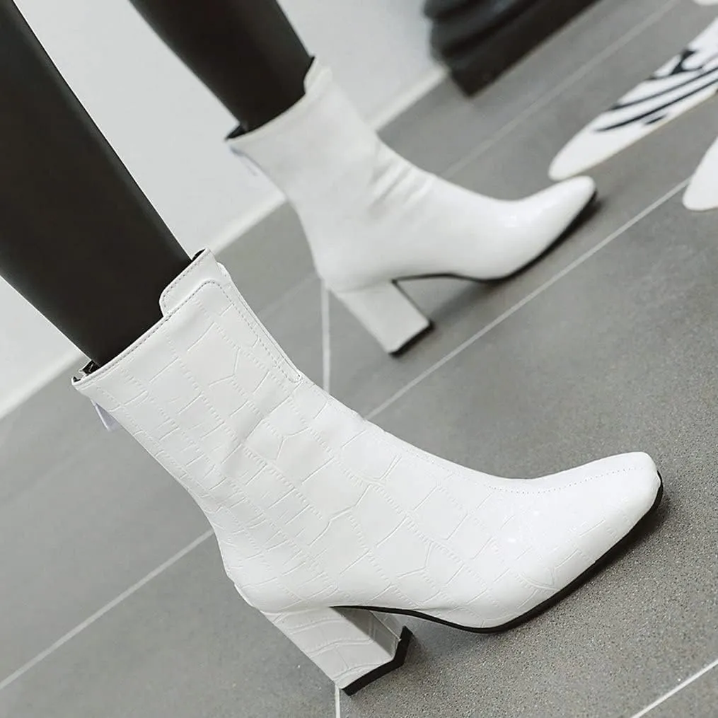 Meefit Women Patent GOGO Boots Chunky High Heeled Ankle Boots Square Toe Winter Booties