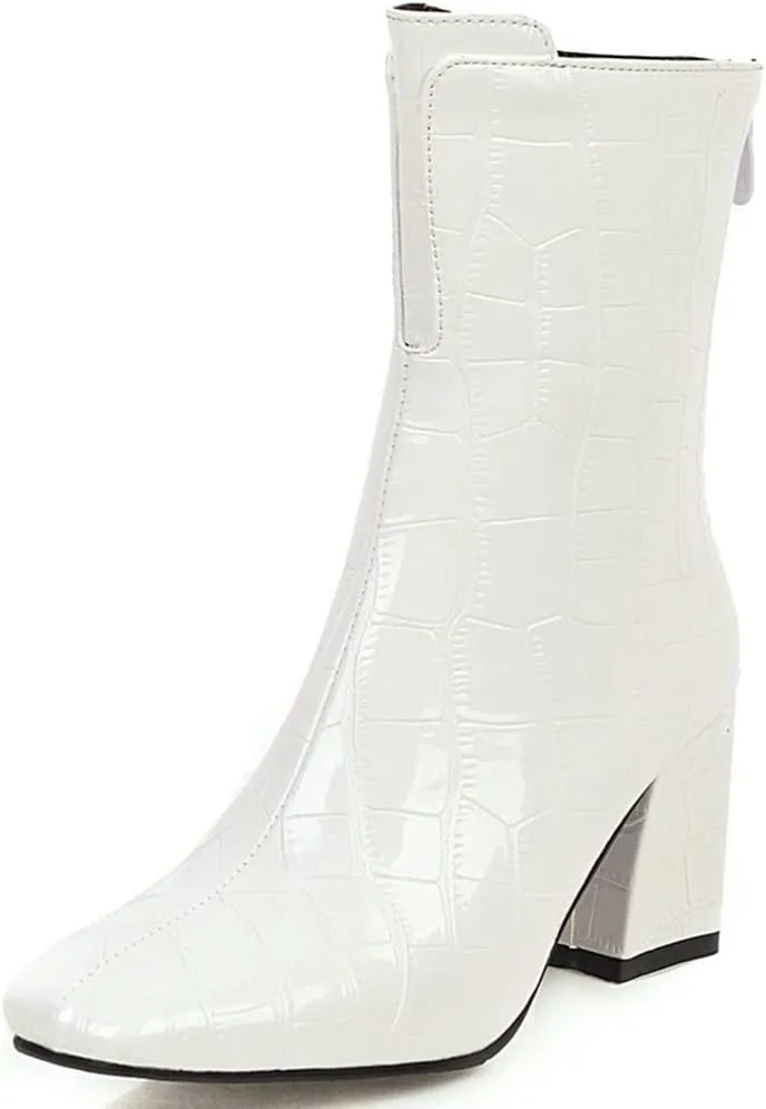 Meefit Women Patent GOGO Boots Chunky High Heeled Ankle Boots Square Toe Winter Booties