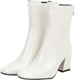 Meefit Women Patent GOGO Boots Chunky High Heeled Ankle Boots Square Toe Winter Booties