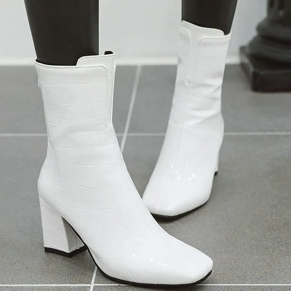 Meefit Women Patent GOGO Boots Chunky High Heeled Ankle Boots Square Toe Winter Booties