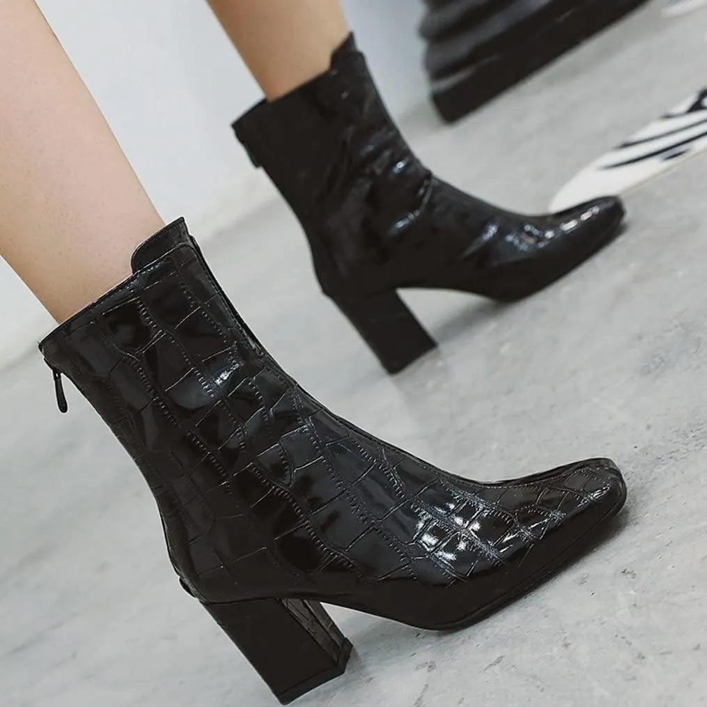 Meefit Women Patent GOGO Boots Chunky High Heeled Ankle Boots Square Toe Winter Booties