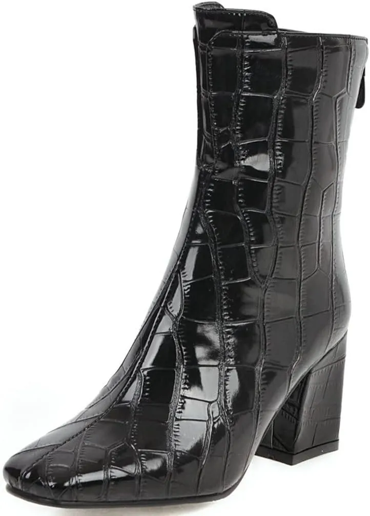 Meefit Women Patent GOGO Boots Chunky High Heeled Ankle Boots Square Toe Winter Booties