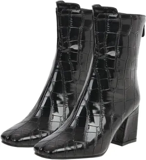 Meefit Women Patent GOGO Boots Chunky High Heeled Ankle Boots Square Toe Winter Booties