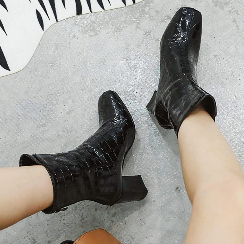 Meefit Women Patent GOGO Boots Chunky High Heeled Ankle Boots Square Toe Winter Booties