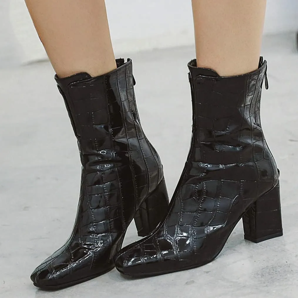 Meefit Women Patent GOGO Boots Chunky High Heeled Ankle Boots Square Toe Winter Booties