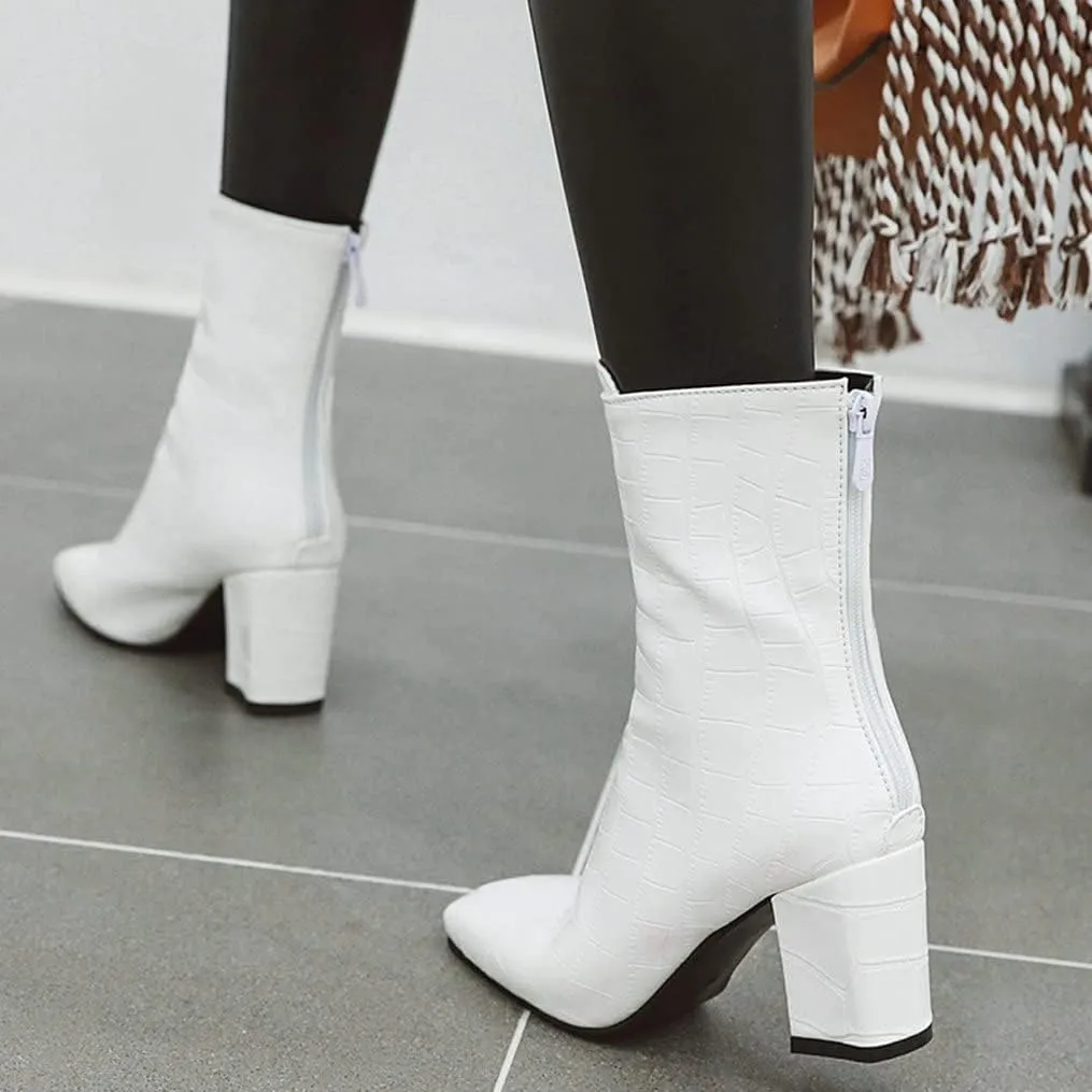 Meefit Women Patent GOGO Boots Chunky High Heeled Ankle Boots Square Toe Winter Booties