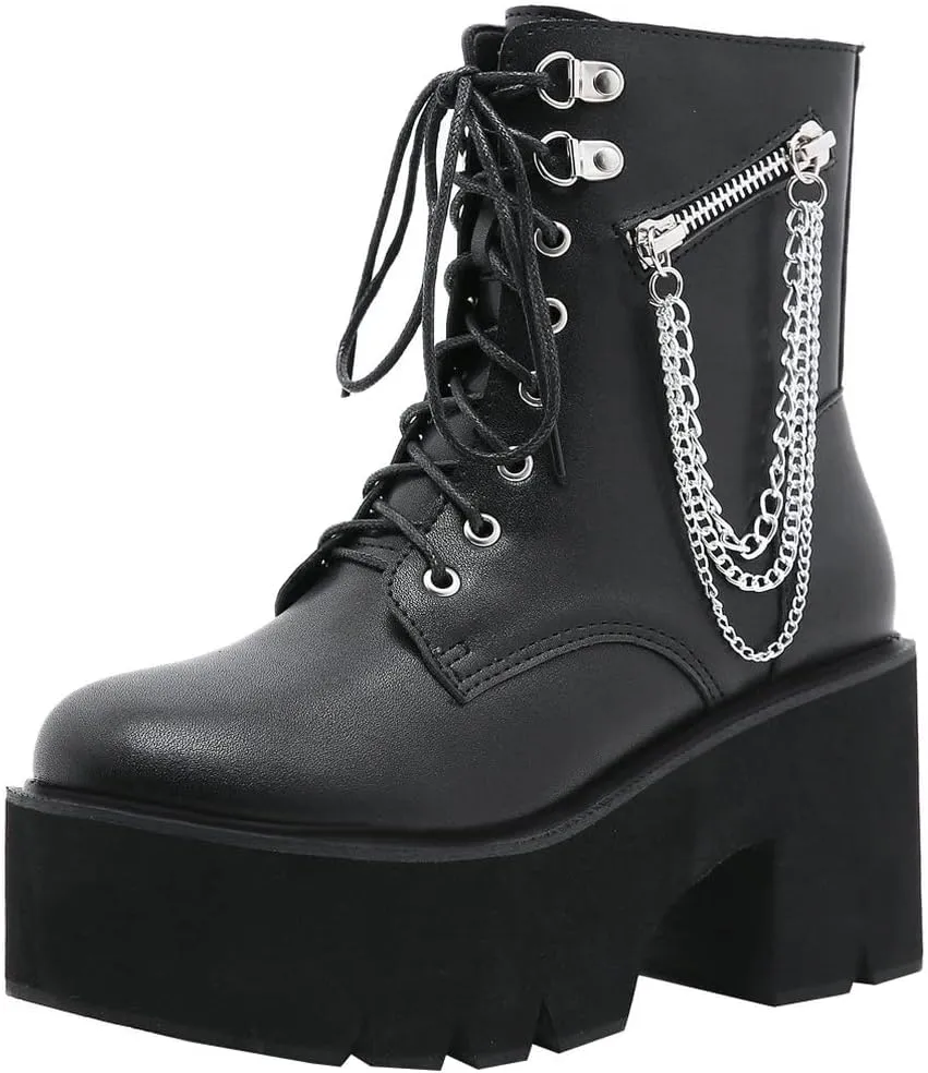 Meefit Women Patent Goth Boots with Chains Platform Combat Boots Gothic Ankle Boots Chunky Heel Lace Up Booties