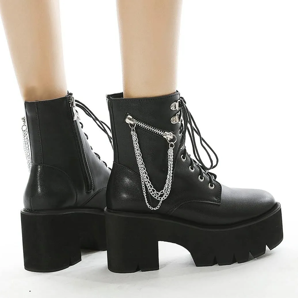 Meefit Women Patent Goth Boots with Chains Platform Combat Boots Gothic Ankle Boots Chunky Heel Lace Up Booties