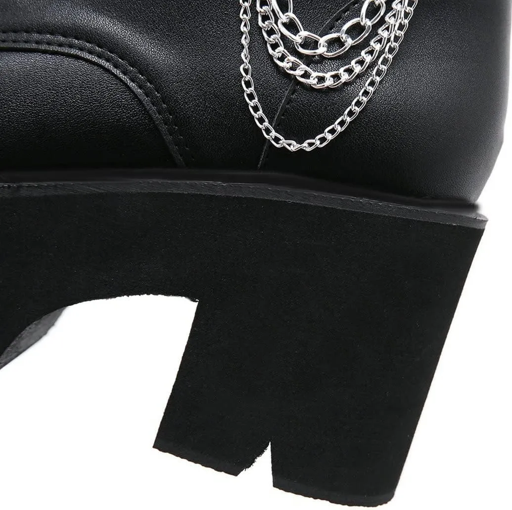 Meefit Women Patent Goth Boots with Chains Platform Combat Boots Gothic Ankle Boots Chunky Heel Lace Up Booties