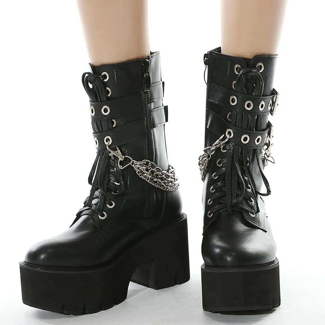 Meefit Women Patent Goth Boots with Chains Platform Combat Boots Gothic Ankle Boots Chunky Heel Lace Up Booties