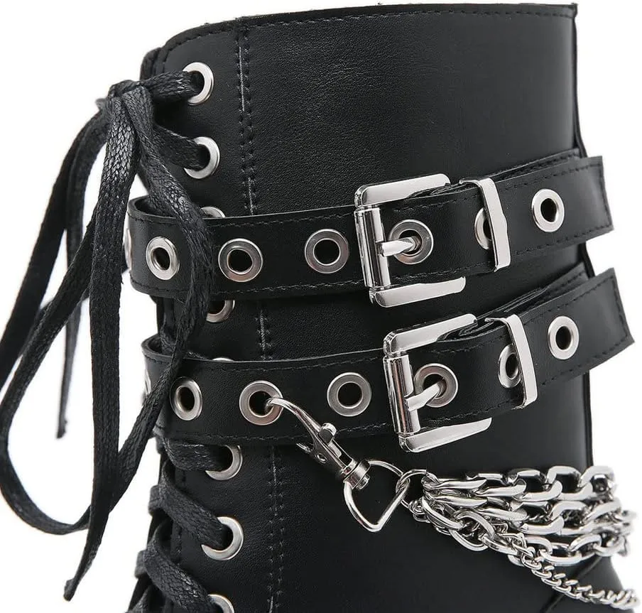 Meefit Women Patent Goth Boots with Chains Platform Combat Boots Gothic Ankle Boots Chunky Heel Lace Up Booties