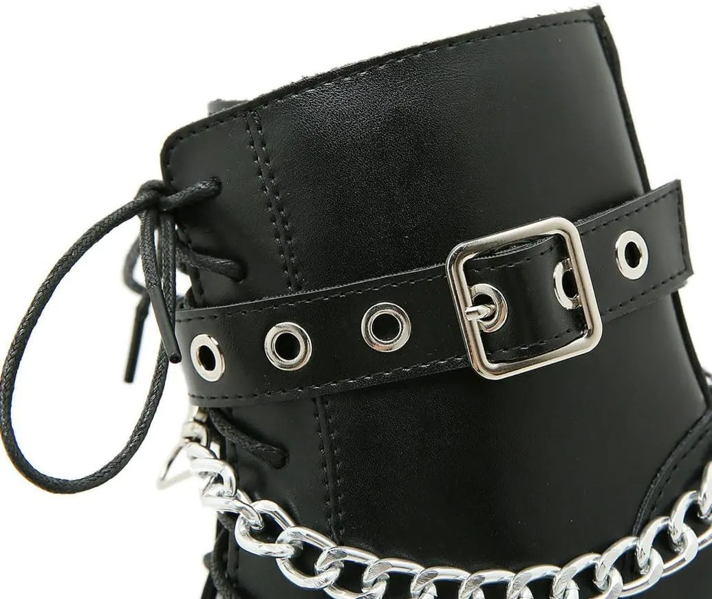 Meefit Women Patent Goth Boots with Chains Platform Combat Boots Gothic Ankle Boots Chunky Heel Lace Up Booties
