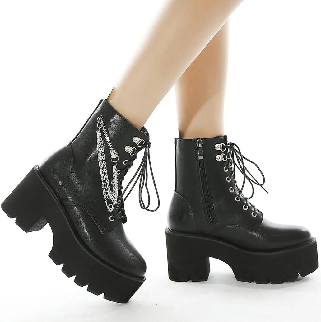 Meefit Women Patent Goth Boots with Chains Platform Combat Boots Gothic Ankle Boots Chunky Heel Lace Up Booties